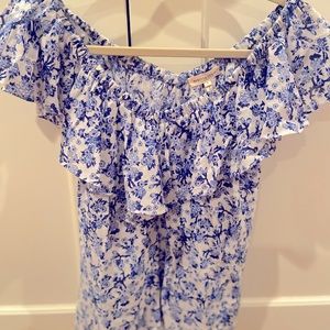 Short sleeved Rebecca Taylor blue and white blouse.
